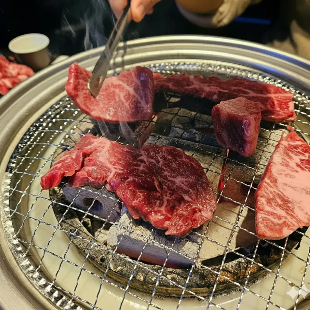 숯불 화로 위에서 집게로 뒤집는 소고기